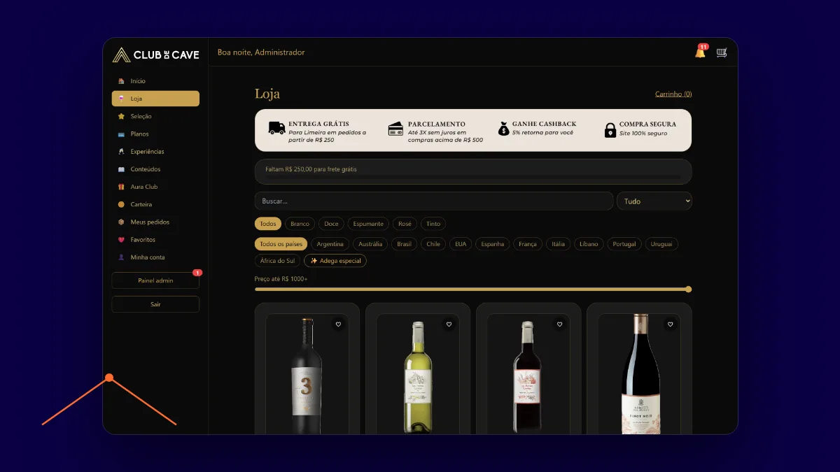 Loja de vinhos do Club de Cave, com filtros por tipo e país